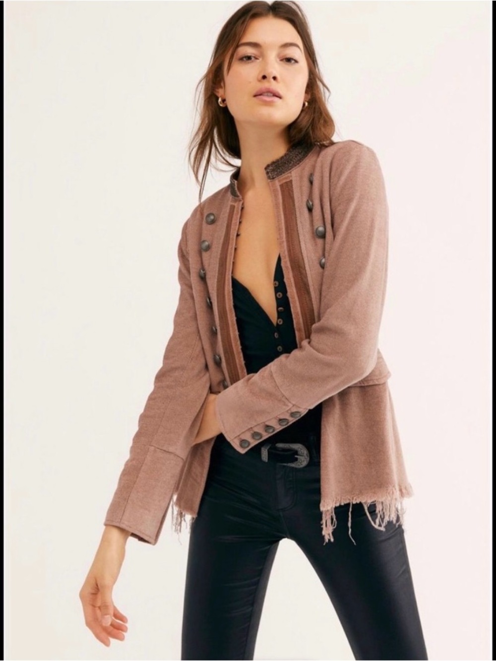 Free People Lucy Military Beaded Neck Raw Hem Mauve Brown Whimsigoth Jacket Sz M